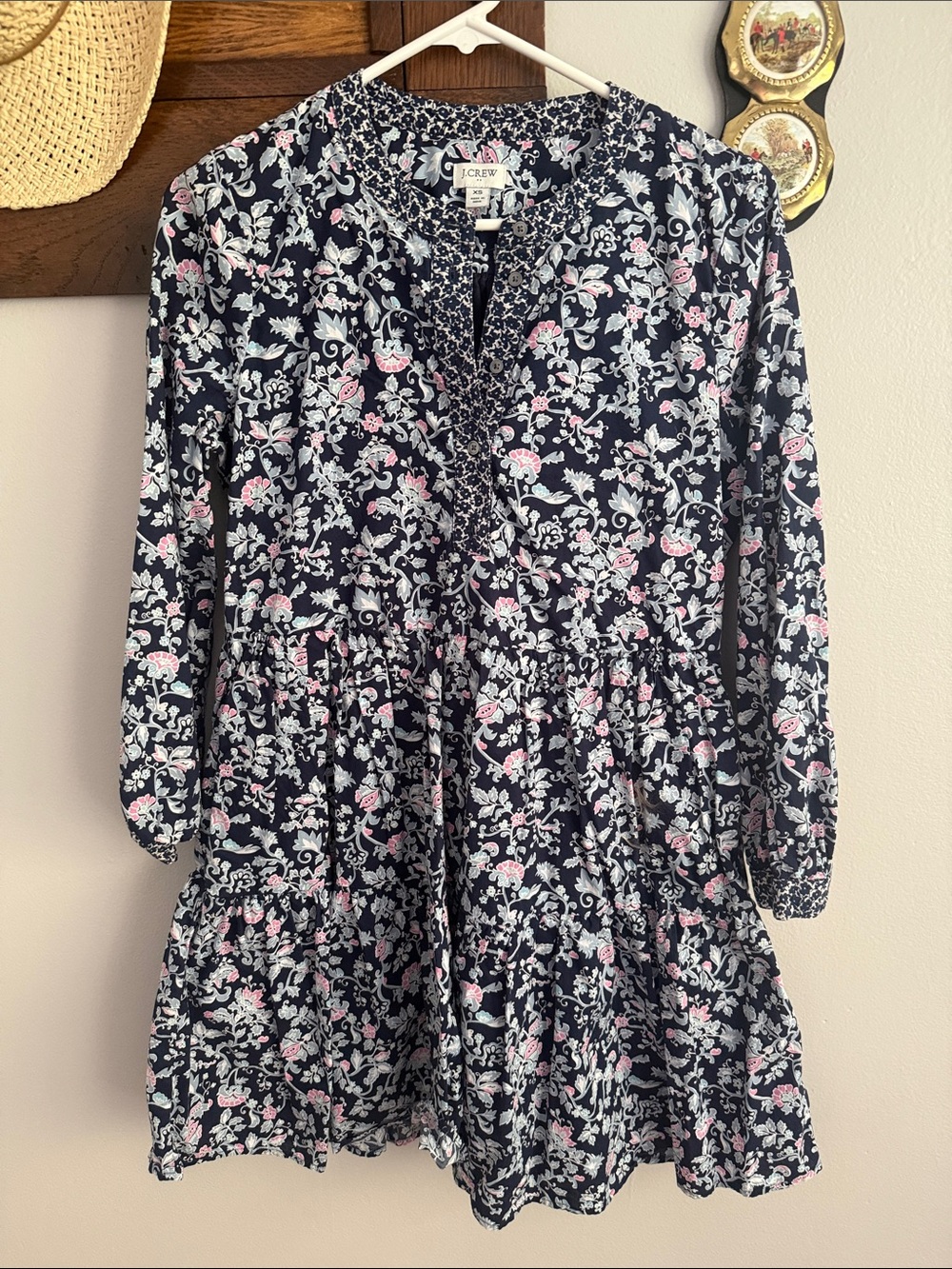 J. Crew Navy Floral Tiered Long-Sleeve Girls' Dress